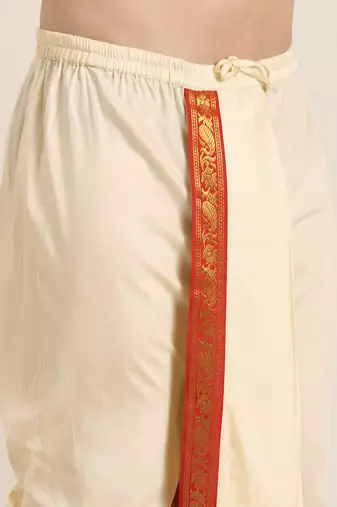 mens' cream cotton blend kurta dhoti with tricolour dupatta