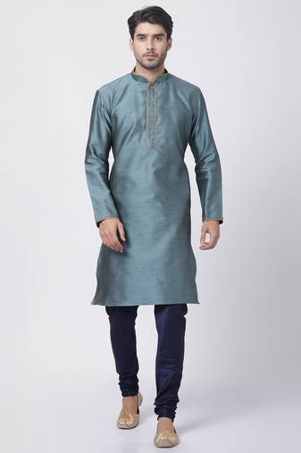 Men'S Light Blue Silk Blend Kurta Pyjama Set