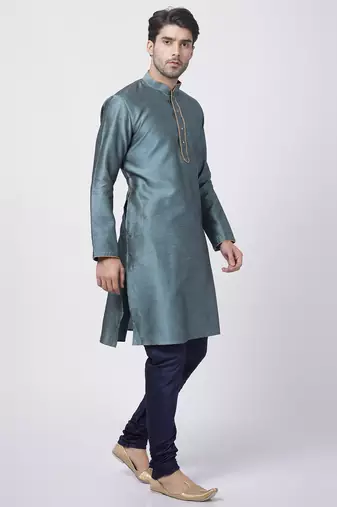 Light Blue Silk Blend Kurta Pyjama Set