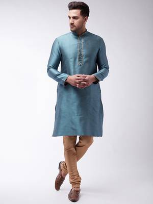 Men'S Light Blue Silk Blend Kurta Pyjama Set 1