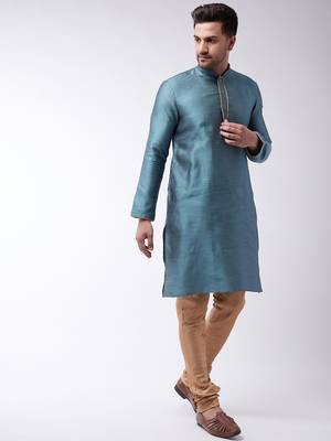 Men'S Light Blue Silk Blend Kurta Pyjama Set 2