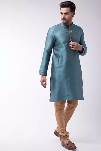 Men'S Light Blue Silk Blend Kurta Pyjama Set