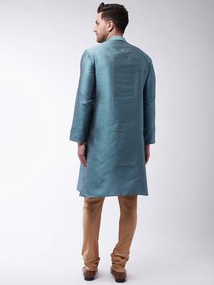 Men'S Light Blue Silk Blend Kurta Pyjama Set 3