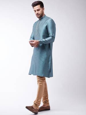 Men'S Light Blue Silk Blend Kurta Pyjama Set 4