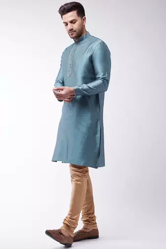 Men'S Light Blue Silk Blend Kurta Pyjama Set