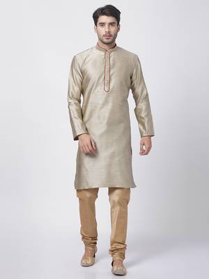 Men'S Beige Silk Blend Kurta Pyjama Set 1