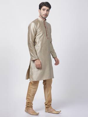 Men'S Beige Silk Blend Kurta Pyjama Set 2