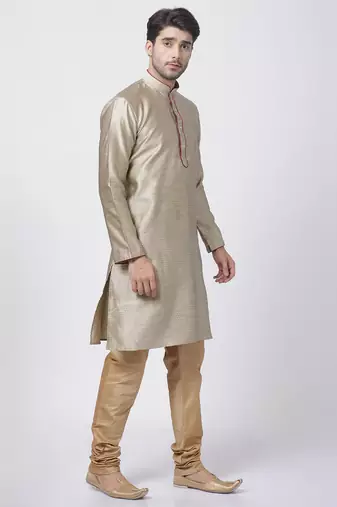 Men'S Beige Silk Blend Kurta Pyjama Set