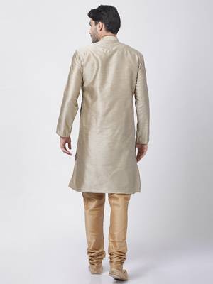 Men'S Beige Silk Blend Kurta Pyjama Set 4