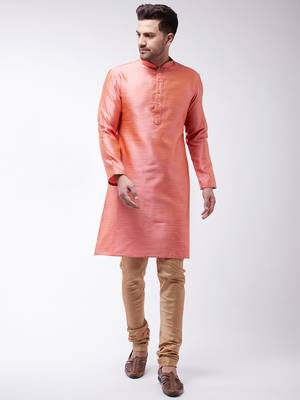 Men'S Pink Silk Blend Kurta Pyjama Set 1