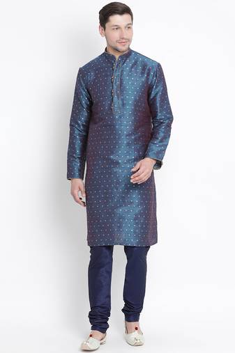 Men'S Blue Silk Blend Kurta Pyjama Set