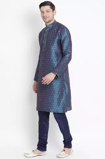 Blue Silk Blend Kurta Pyjama Set