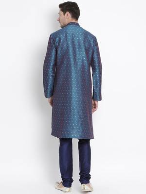 Blue Silk Blend Kurta Pyjama Set 4
