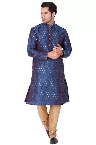 Blue Silk Blend Kurta Pyjama Set