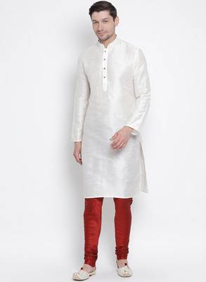 White Silk Blend Kurta Pyjama Set 1