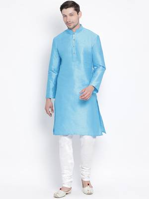 Light Blue Silk Blend Kurta Pyjama Set 1