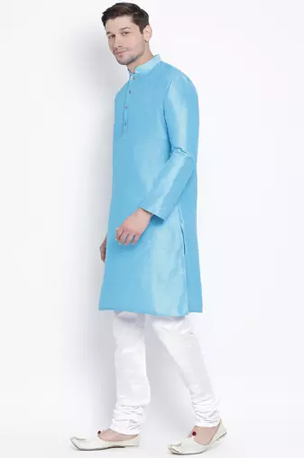 Light Blue Silk Blend Kurta Pyjama Set
