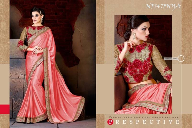 Pink embroidered satin party other-actress-sarees with blouse