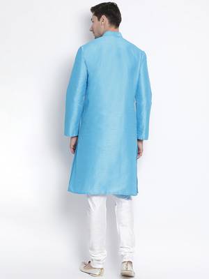 Light Blue Silk Blend Kurta Pyjama Set 4
