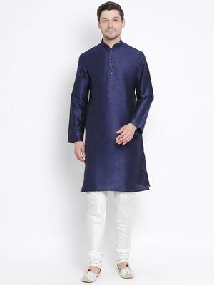 Dark Blue Silk Blend Kurta Pyjama Set 1
