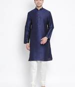 Dark Blue Silk Blend Kurta Pyjama Set