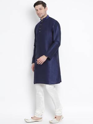 Dark Blue Silk Blend Kurta Pyjama Set 2