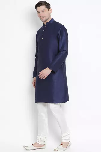 Dark Blue Silk Blend Kurta Pyjama Set