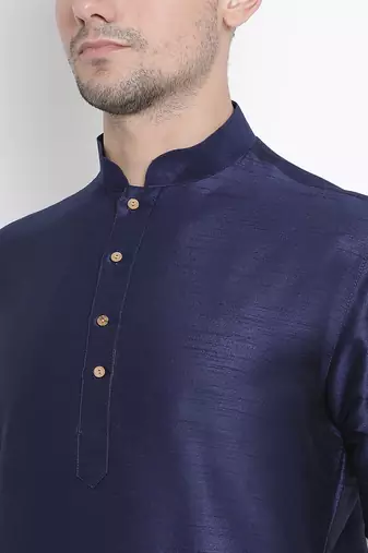 Dark Blue Silk Blend Kurta Pyjama Set