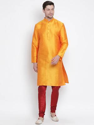 Men'S Orange Silk Blend Kurta Pyjama Set 1