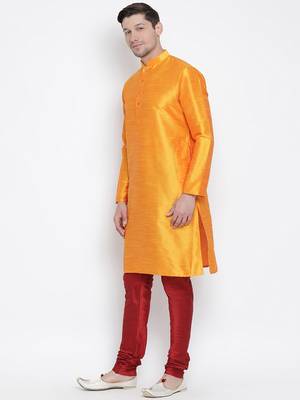 Men'S Orange Silk Blend Kurta Pyjama Set 2