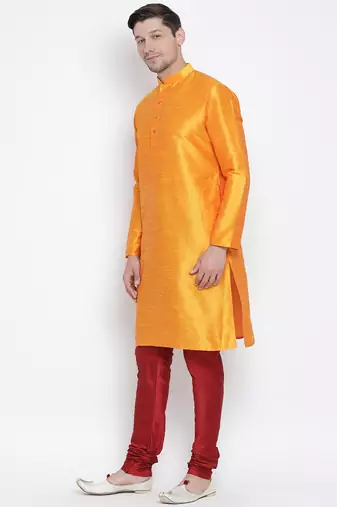 Men'S Orange Silk Blend Kurta Pyjama Set