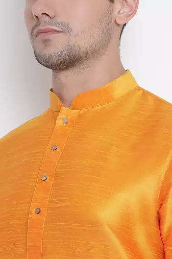 Men'S Orange Silk Blend Kurta Pyjama Set