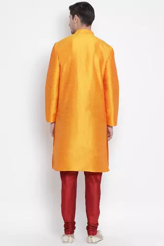 Men'S Orange Silk Blend Kurta Pyjama Set