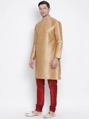 Gold Silk Blend Kurta Pyjama Set 2