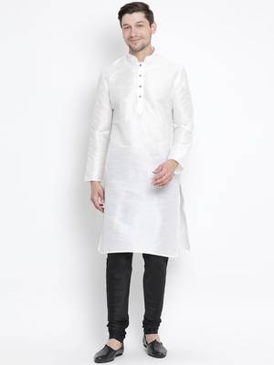 White Silk Blend Kurta Pyjama Set 1