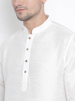 White Silk Blend Kurta Pyjama Set 3