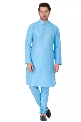 Light Blue Silk Blend Kurta Pyjama Set
