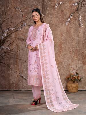 Pink Linen Cotton Embroidered Readymade Trouser Pant Suit 1