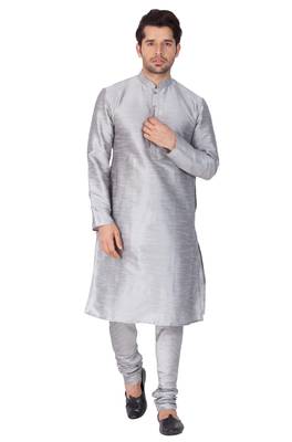 Grey Silk Blend Kurta Pyjama Set 1