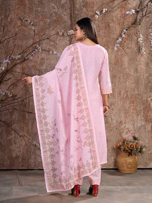 Pink Linen Cotton Embroidered Readymade Trouser Pant Suit 3