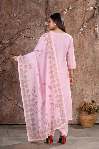 Pink Linen Cotton Embroidered Readymade Trouser Pant Suit