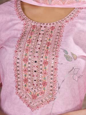 Pink Linen Cotton Embroidered Readymade Trouser Pant Suit 4