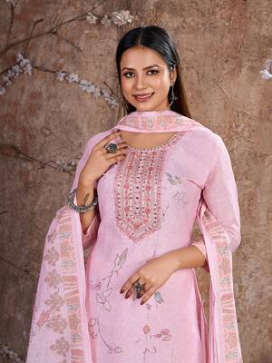 Pink Linen Cotton Embroidered Readymade Trouser Pant Suit 5