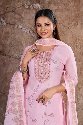Pink Linen Cotton Embroidered Readymade Trouser Pant Suit