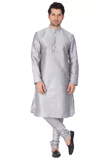 Grey Silk Blend Kurta Pyjama Set