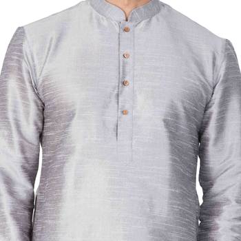 Grey Silk Blend Kurta Pyjama Set 3