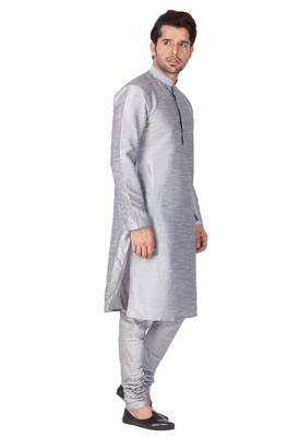 Grey Silk Blend Kurta Pyjama Set 4