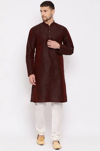 Men'S Wine Silk Blend Kurta Pyjama Set