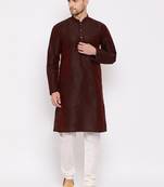 Men'S Wine Silk Blend Kurta Pyjama Set
