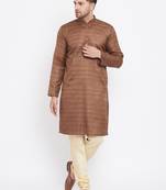 Men'S Coffee Brown And Gold Silk Blend Kurta Pyjama Set